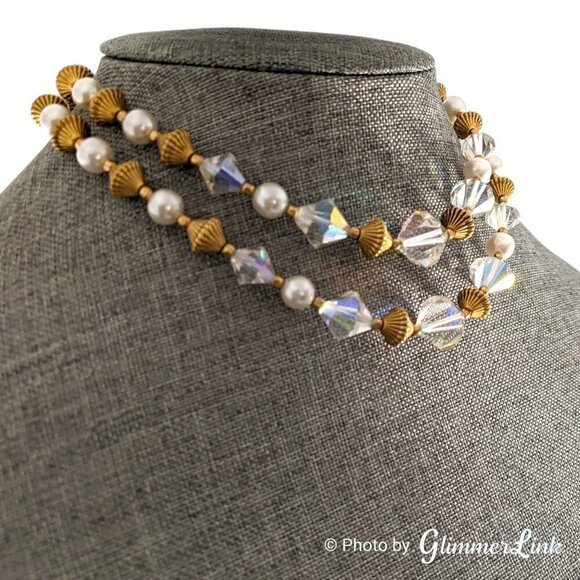 VTG Double Strand AB Aurora Borealis Bicone Bead Faux Pearl Gold Tone Necklace - Picture 3 of 10